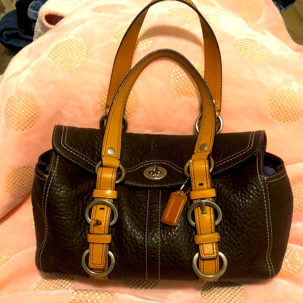 Leather Satchel Handbag in Dark Brown with Tan Accents